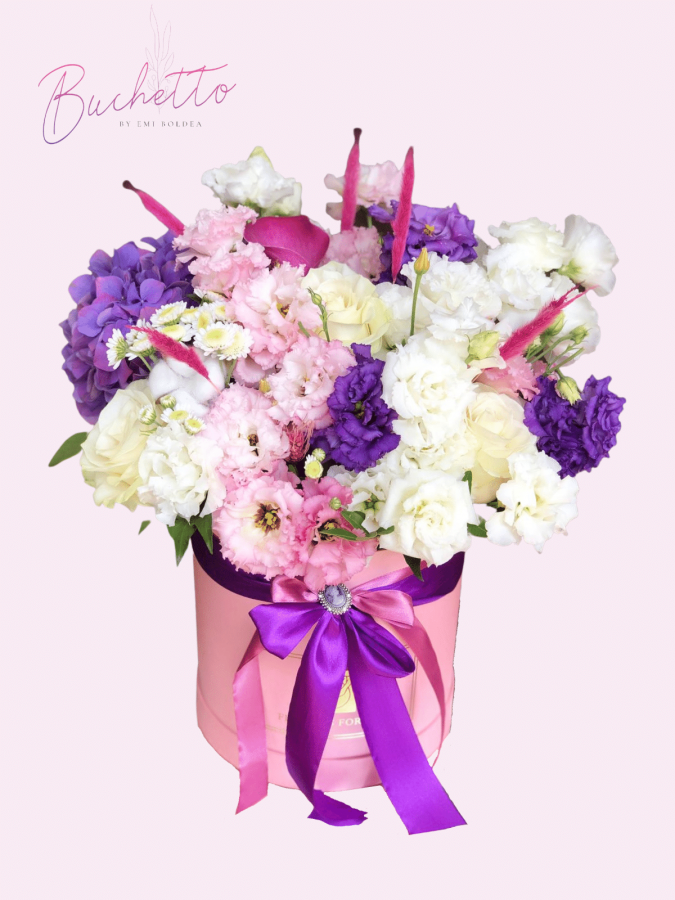 Aranjament Floral Deosebit - Cutie cu Trandafiri si Hortensie