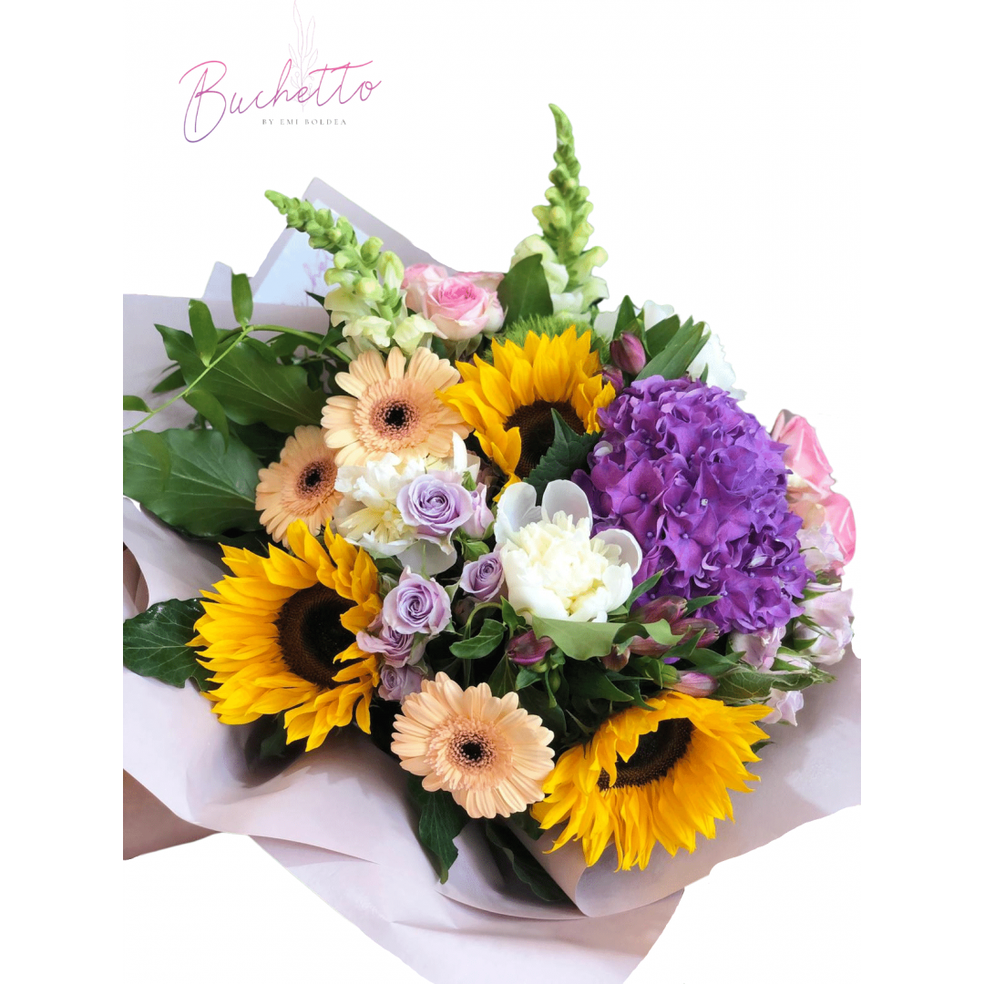 Buchet de Vara cu Hortensie si Floarea Soarelui - Aranjament Floral cu Hortensie si Floarea Soarelui